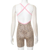 Women's Spring/Summer Leopard Lace-up Strap Low-Back Short Jumpsuit