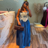 Women's Summer Sweet Print Slim-Waist Vest & High-Waist Pleated Skirt Two Piece Set