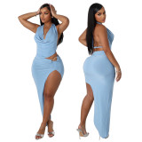 Women's Halter Neck Vest Sexy High-Slit Skirt Two Piece Set