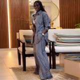 African Women's Summer Turndown Collar Loose Striped Shirt & Wide-Leg Pants Two Piece Set