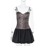 Women's Street Fashion Leopard-Print Patchwork Strap Slim-Waist Bubble Dress
