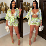 Women's Casual Printed Beach Bra Shirt & Shorts Three Piece Set