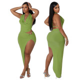 Women's Halter Neck Vest Sexy High-Slit Skirt Two Piece Set