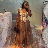 Women's Summer Sweet Print Slim-Waist Vest & High-Waist Pleated Skirt Two Piece Set