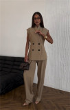 Women's Summer Chic Double-Breasted Slim-Waist Vest Top & High-Waist Pants Two Piece Set