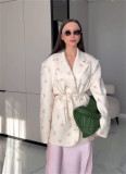 Women's Spring/Summer Printed Loose Turndown Collar Lace-Up Slim-Waist Jacket
