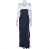 Women's Black-White Contrast Off-Shoulder Low-Back Slit Dress