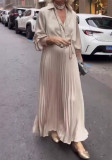 Spring Women's V-Neck Plus-Size Solid Color Belted pleated Dress