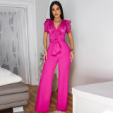 Women's Sexy V-Neck Sleeveless Solid Color Lace-Up Wide-Leg Jumpsuit