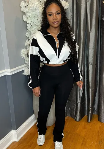 Women's Loose Casual Street Fashion Contrast Color Zipper Jacket & Trousers Two Piece Set