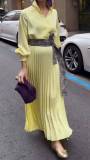 Spring Women's V-Neck Plus-Size Solid Color Belted pleated Dress