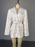 Women's Spring/Summer Printed Loose Turndown Collar Lace-Up Slim-Waist Jacket