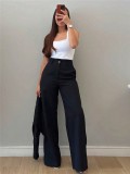 Women's Chic OL V-Neck Black Sleeveless Button Vest High-Waist Wide-Leg Pants Suit