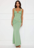 Women's Summer Sexy Solid Color Lace-up Halter Low-Back Metal Decoration Two Piece Skirt Set