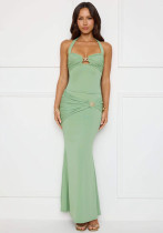 Women's Summer Sexy Solid Color Lace-up Halter Low-Back Metal Decoration Two Piece Skirt Set