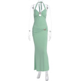 Women's Summer Sexy Solid Color Lace-up Halter Low-Back Metal Decoration Two Piece Skirt Set