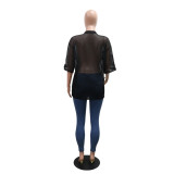 Sexy V-Neck Mesh See-Through Letter-Print Loose T-Shirt