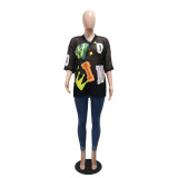 Sexy V-Neck Mesh See-Through Letter-Print Loose T-Shirt