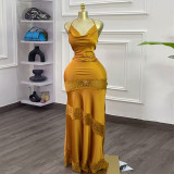 Women's Summer Chic V-Neck Halter Neck Lace-Patchwork Slim Long Dress