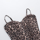 Women's Street Fashion Leopard-Print Patchwork Strap Slim-Waist Bubble Dress