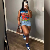 Women's Summer Street Fashion Print Round-Neck Sleeveless T-Shirt