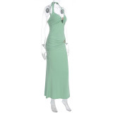 Women's Summer Sexy Solid Color Lace-up Halter Low-Back Metal Decoration Two Piece Skirt Set