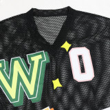 Sexy V-Neck Mesh See-Through Letter-Print Loose T-Shirt