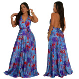 Women's V-Neck Halter Neck Sexy Low-Back Print Maxi Dress