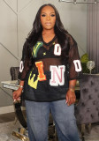 Sexy V-Neck Mesh See-Through Letter-Print Loose T-Shirt