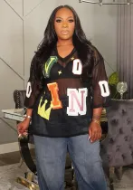 Sexy V-Neck Mesh See-Through Letter-Print Loose T-Shirt
