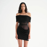 Spring/Summer Women's Sexy Off-Shoulder Mesh-Patchwork  Pleated Dress