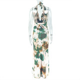 Women's Printed Halter Slim-Waist Vest Long Skirt Two Piece Set