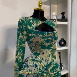 Women's Spring Print Hollow Neck Long-Sleeve High-Waist Slim Long Dress