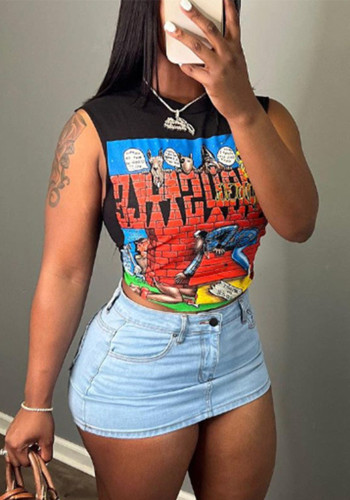 Women's Summer Street Fashion Print Round-Neck Sleeveless T-Shirt