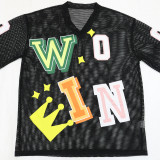 Sexy V-Neck Mesh See-Through Letter-Print Loose T-Shirt