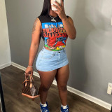 Women's Summer Street Fashion Print Round-Neck Sleeveless T-Shirt