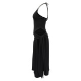 Women's Solid Color Lace-Up Sexy Slit Skirt Bodysuit Two Piece Set