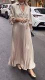 Spring Women's V-Neck Plus-Size Solid Color Belted pleated Dress