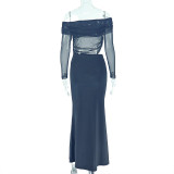 Women's Chic Elegant Irregular Off-Shoulder Long-Sleeve Long Dress
