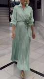 Spring Women's V-Neck Plus-Size Solid Color Belted pleated Dress