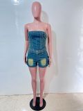 Women Stretch Washed Denim Strapless Off Shoulder Jumpsuit