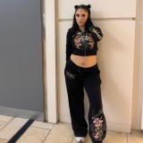 Women American Black Embroidered Top and Pants Two-Piece Set