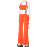 Women Spring and Summer Hollow Halter Neck Strapless Gathered Tie-string Wide-leg Jumpsuit
