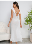Women Summer V Neck Thick Strap Pleated Lace Slit Mesh Patchwork Dress