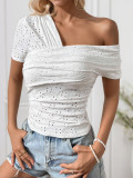 Women Summer Slash Shoulder Hollow Sexy Slash Shoulder Short-sleeved T-shirt Top