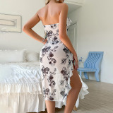Women Printed Slit Sleeveless Sexy Elegant Off-shoulder Bodycon Dress