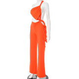Women Spring and Summer Hollow Halter Neck Strapless Gathered Tie-string Wide-leg Jumpsuit