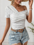 Women Summer Slash Shoulder Hollow Sexy Slash Shoulder Short-sleeved T-shirt Top