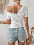 Women Summer Slash Shoulder Hollow Sexy Slash Shoulder Short-sleeved T-shirt Top