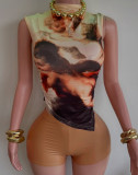 Women Sexy Mesh Print Round Neck Sleeveless Vest Top Two-piece Set